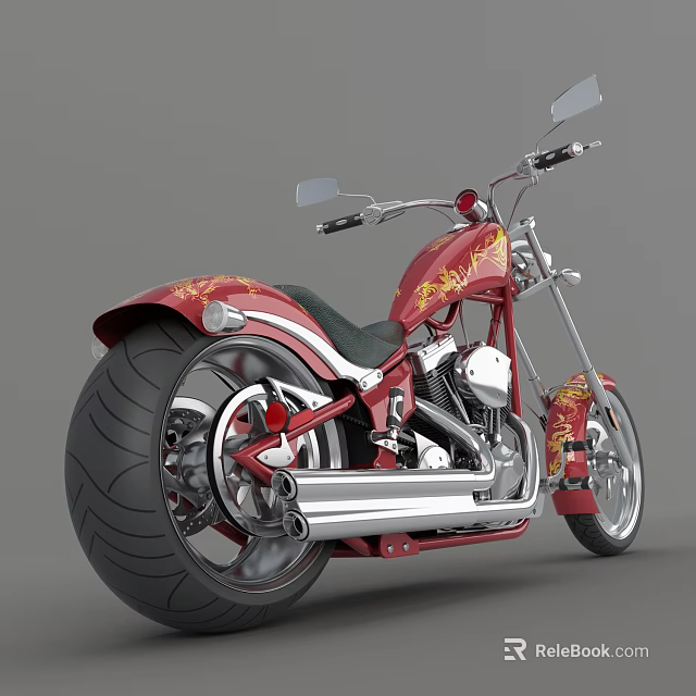 Red Cruiser Motorcycle With Gold Patterns Large Rear Tire Chrome Exhaust And Black Seat 3d model 