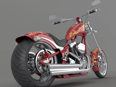 Red Cruiser Motorcycle With Gold Patterns Large Rear Tire Chrome Exhaust And Black Seat 3d model