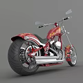 Red Cruiser Motorcycle With Gold Patterns Large Rear Tire Chrome Exhaust And Black Seat