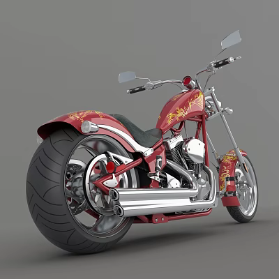 Red Cruiser Motorcycle With Gold Patterns Large Rear Tire Chrome Exhaust And Black Seat 3d model