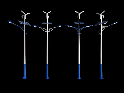 Outdoor Lights With Solar Panels Wind Turbines And White Blue Poles 3d model
