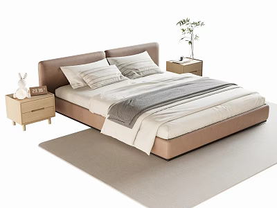 Double Bed with Brown Headboard White Sheets Gray Blanket Light Rug and Nightstands Green Plant 3d model