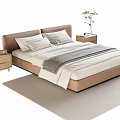 Double Bed with Brown Headboard White Sheets Gray Blanket Light Rug and Nightstands Green Plant