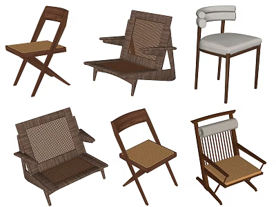 Single Chairs In Various Styles With Wooden Frames And Woven Seats 3d model
