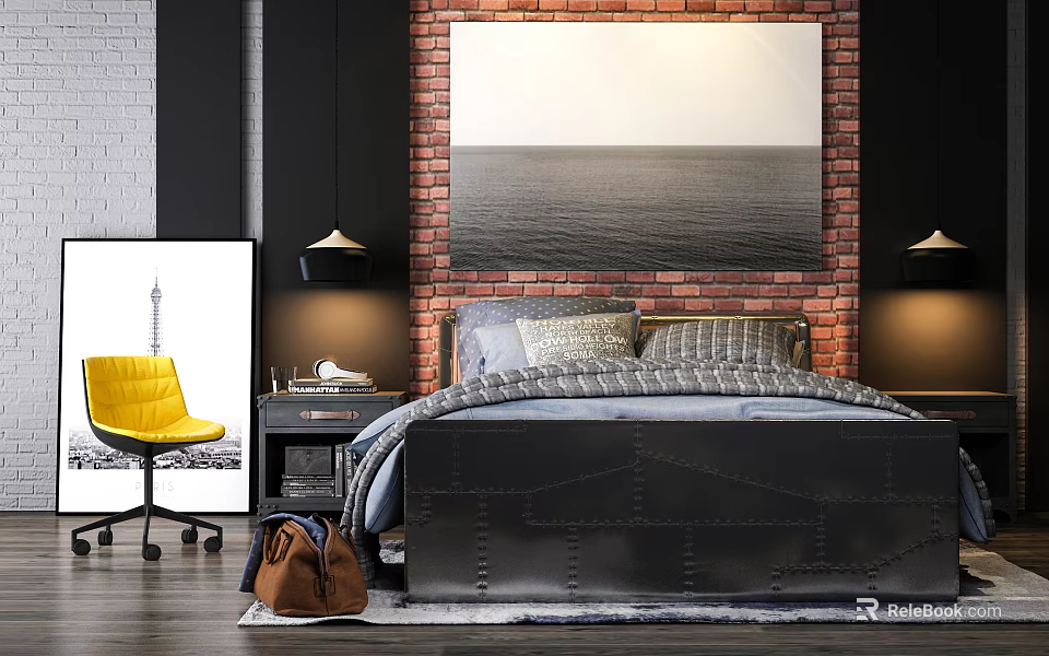 Modern Industrial Double Bed With Brick Wall Sea Painting Nightstands Table Lamps And Yellow Chair 3d model 