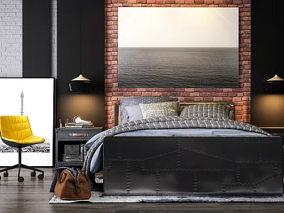Modern Industrial Double Bed With Brick Wall Sea Painting Nightstands Table Lamps And Yellow Chair 3d model
