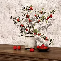 Vase With Red Berries And Green Leaves On Wooden Table Against Gray Textured Wall
