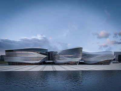 Contemporary Office Building Exterior With Curved Metallic Cladding Water Reflection And Cloudy Sky 3d model