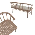 Wooden Armchair With Slatted Backrest Two Wood Tones And Light Gray Cushion