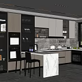 Modern Kitchen With Marble Island Gray White Cabinets Glass Door Storage And Built In Ovens