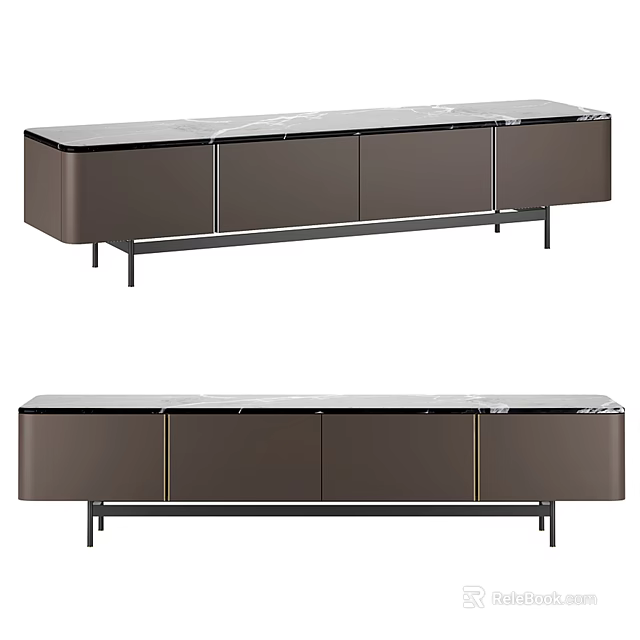 Modern TV Stand With Brown Cabinet And Marble Top And Metal Legs 3d model 
