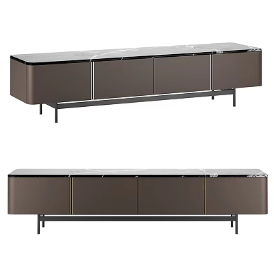 Modern TV Stand With Brown Cabinet And Marble Top And Metal Legs 3d model