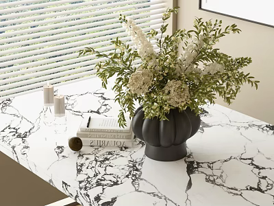 Black Vase With White Green Flowers On Marble Tabletop With Books And Candles 3d model
