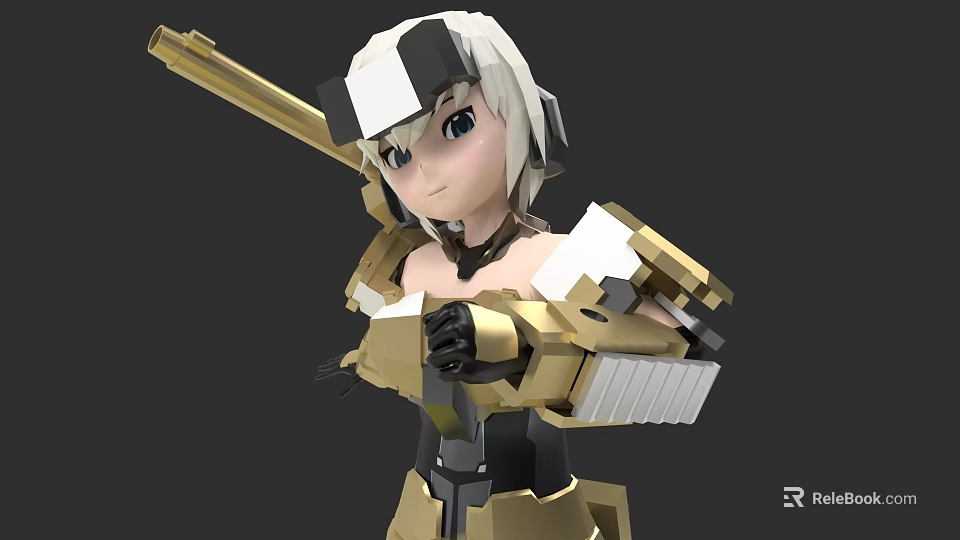 Anime Style Woman Wearing Gold And White Mechanical Armor With Long Spear 3d model 