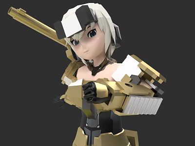 Anime Style Woman Wearing Gold And White Mechanical Armor With Long Spear 3d model