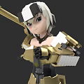 Anime Style Woman Wearing Gold And White Mechanical Armor With Long Spear