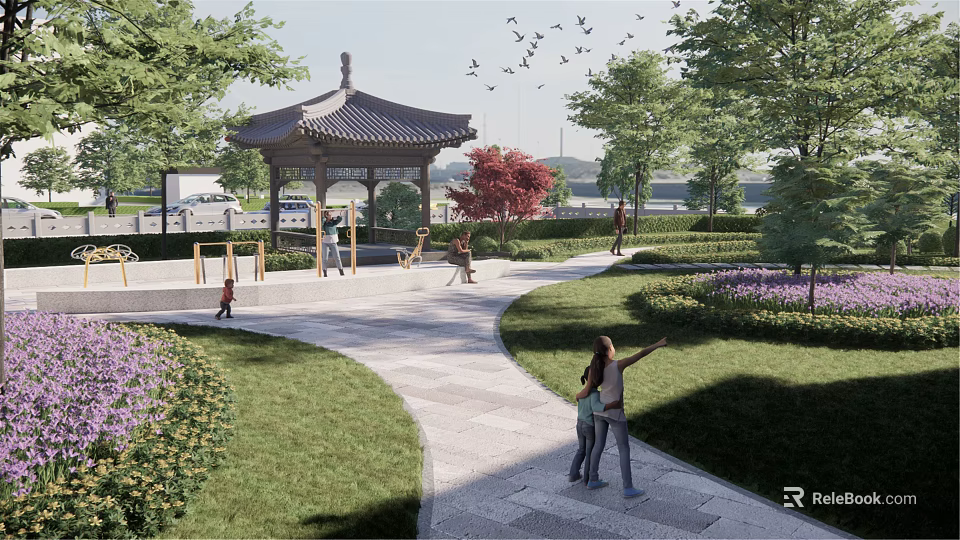 Traditional Pavilion Park Landscape With Winding Path Green Lawn Red Trees People Walking Birds Flying 3d model 