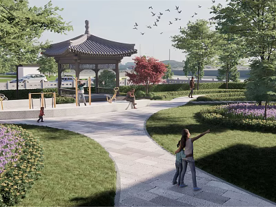 Traditional Pavilion Park Landscape With Winding Path Green Lawn Red Trees People Walking Birds Flying 3d model