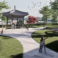 Traditional Pavilion Park Landscape With Winding Path Green Lawn Red Trees People Walking Birds Flying
