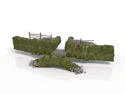 Broken Stone Bridge Structure With Wooden Railings Green Vegetation And Gravel 3d model