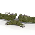 Broken Stone Bridge Structure With Wooden Railings Green Vegetation And Gravel
