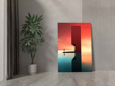 Abstract Painting With Geometric Shapes And Sunset Gradient In Modern Interior With Green Plant 3d model