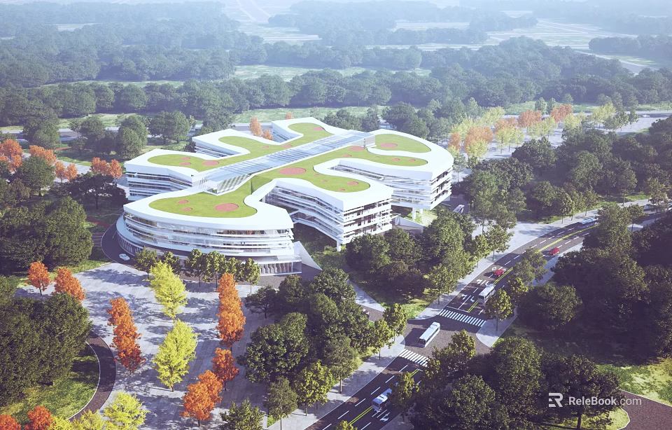 Aerial View Planning of Modern Curved Building Complex With Green Roof Surrounded by Trees and Roads 3d model 