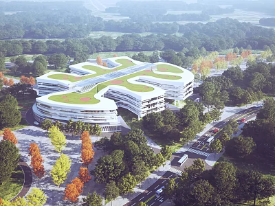 Aerial View Planning of Modern Curved Building Complex With Green Roof Surrounded by Trees and Roads 3d model
