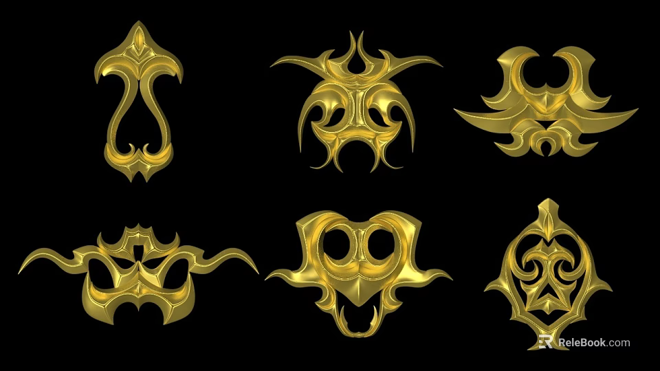 Golden Sculpture Carvings with Intricate Decorative Patterns Multiple Designs on Black Background 3d model 
