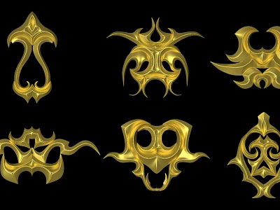 Golden Sculpture Carvings with Intricate Decorative Patterns Multiple Designs on Black Background 3d model