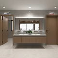 Modern Public Restroom Interior With Wooden Doors Large Mirror Vanity Counter And Potted Plant