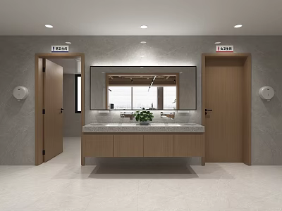 Modern Public Restroom Interior With Wooden Doors Large Mirror Vanity Counter And Potted Plant 3d model