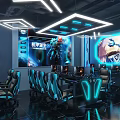 Modern Cyber Cafe Interior Featuring Blue Lighting Tech Style Walls Comfortable Sofas And Gaming Computers 3d model