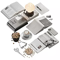 Decorative Ornament Set With Open Books Table Lamp Coffee Cup Glasses And Pen