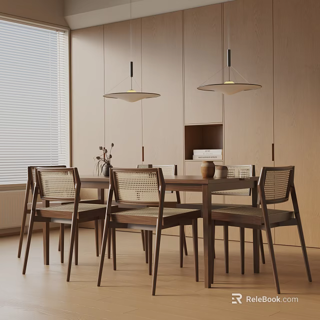 Modern Wooden Dining Table Set With Wicker Back Chairs And Round Pendant Lights 3d model