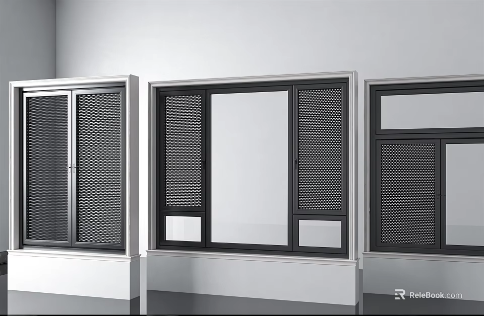 Modern Casement Windows With Black Frames Various Designs Large Glass Panels And Grille Patterns 3d model 