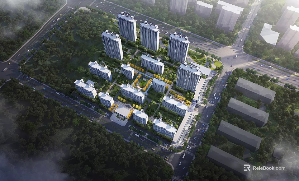 Residential Aerial Master Plan With Building Layout Greenery And Roads 3d model 