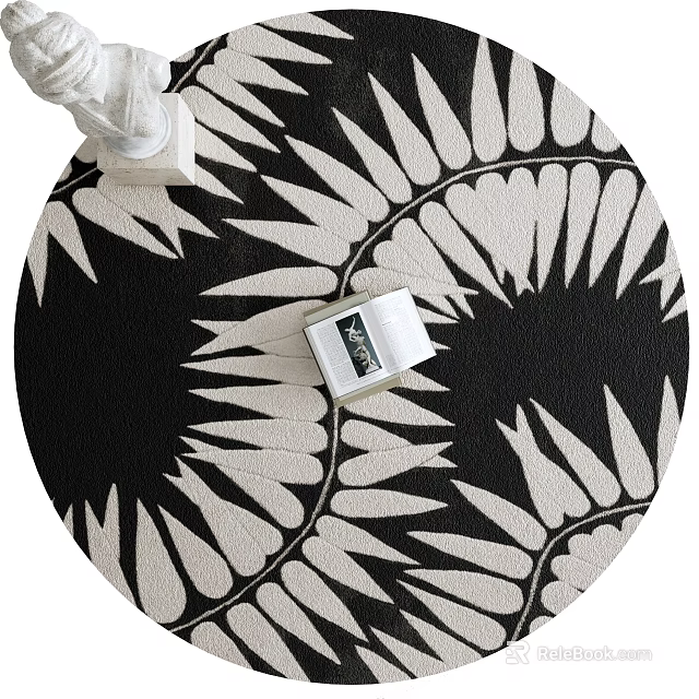 Black And White Round Rug With Leaf Pattern And Decorative Box Sculpture 3d model