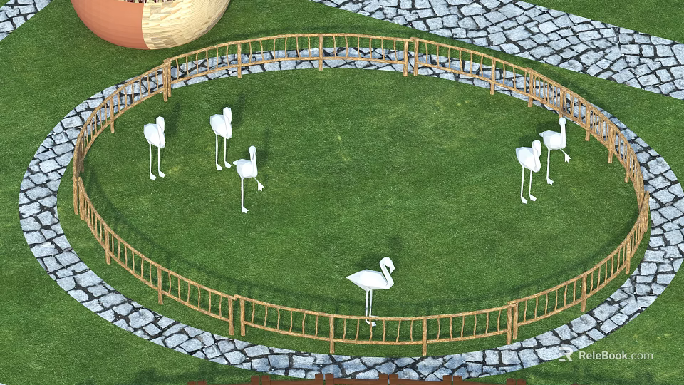 Swing Door In Wooden Fence Surrounding Circular Grassy Area With Flamingos 3d model 