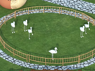 Swing Door In Wooden Fence Surrounding Circular Grassy Area With Flamingos 3d model