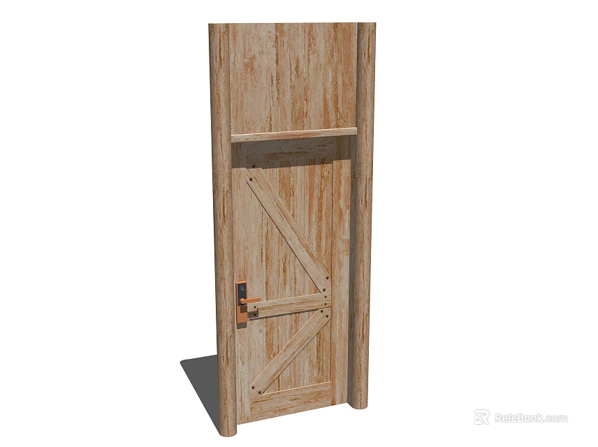 Wooden Swing Door With Cross Panel Design Natural Wood Grain And Handle 3d model 