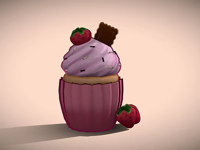 Delicious Cupcake With Pink Frosting Fresh Strawberry Chocolate Stick Sprinkles Purple Wrapper And Strawberry Beside 3d model