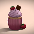 Delicious Cupcake With Pink Frosting Fresh Strawberry Chocolate Stick Sprinkles Purple Wrapper And Strawberry Beside