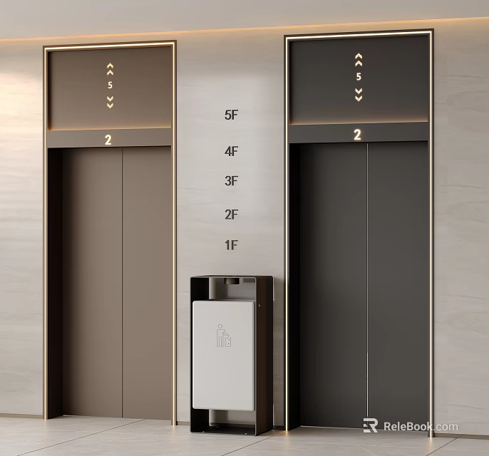 Modern Elevators In Lobby With Two Cabins And Floor Displays 3d model 