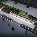 Urban Commercial Landscape Design With Plaza Greenery Pedestrians And Modern Buildings
