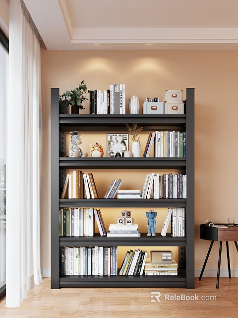 Black Layered Shelf With Books Decorations Green Plants Photo Frames And Ornaments Against Light Brown Wall 3d model 