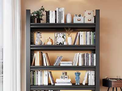 Black Layered Shelf With Books Decorations Green Plants Photo Frames And Ornaments Against Light Brown Wall 3d model