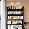 Black Layered Shelf With Books Decorations Green Plants Photo Frames And Ornaments Against Light Brown Wall
