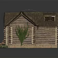 Traditional Log Cabin With Thatched Roof Wooden Logs Stack And Green Plants
