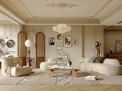 Elegant Living Room Interior Design With Large Curved Sofa Wooden Coffee Table And Decorative Paintings 3d model
